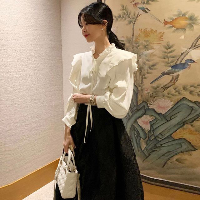 Puff-Sleeve Plain Ruffled Blouse / High Waist Midi A-Line Skirt SpreePicky