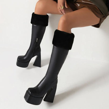 Platform Block Heel Square Toe Fleece Trim Tall Boots SpreePicky