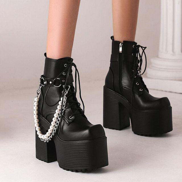 Platform Block Heel Faux Pearl Chain Lace Up Short Boots SpreePicky