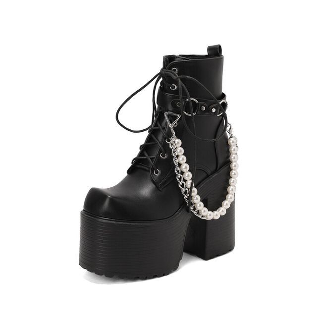 Platform Block Heel Faux Pearl Chain Lace Up Short Boots SpreePicky