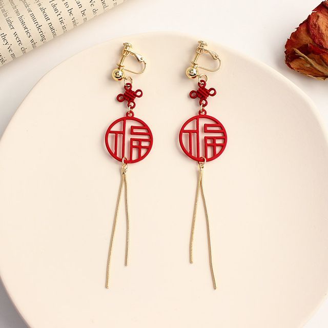 / Characters Fringed Clip-On Chinese Earring FashionChic