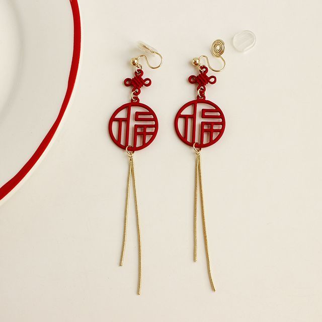 / Characters Fringed Clip-On Chinese Earring FashionChic