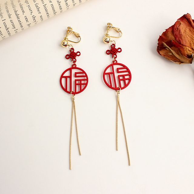 / Characters Fringed Clip-On Chinese Earring FashionChic