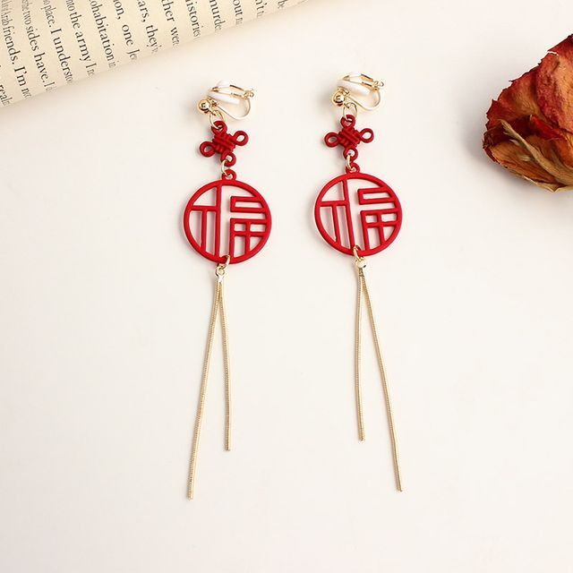 / Characters Fringed Clip-On Chinese Earring FashionChic