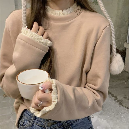 Long-Sleeve Lace Trim High Neck Tee mySite