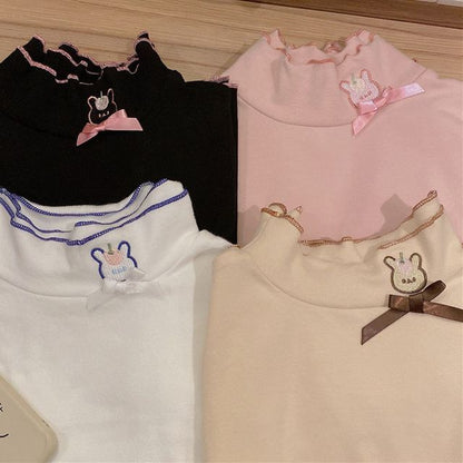 Long-Sleeve Rabbit Embroidered Lettuce Edge Tee mySite