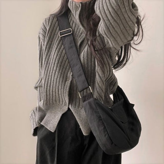 Long-Sleeve Turtleneck Buttoned Rib-Knit Cardigan mySite