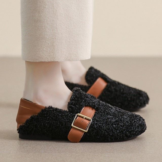 Round Toe Buckled Fleece Slip Ons SpreePicky