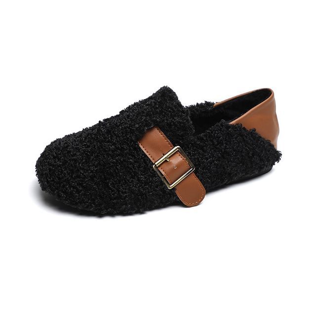 Round Toe Buckled Fleece Slip Ons SpreePicky