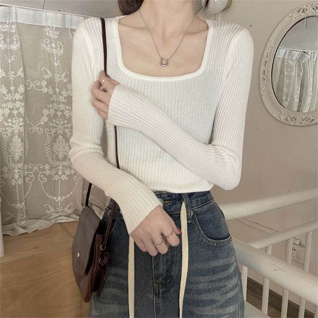 Square Neck Plain Knit Top SpreePicky