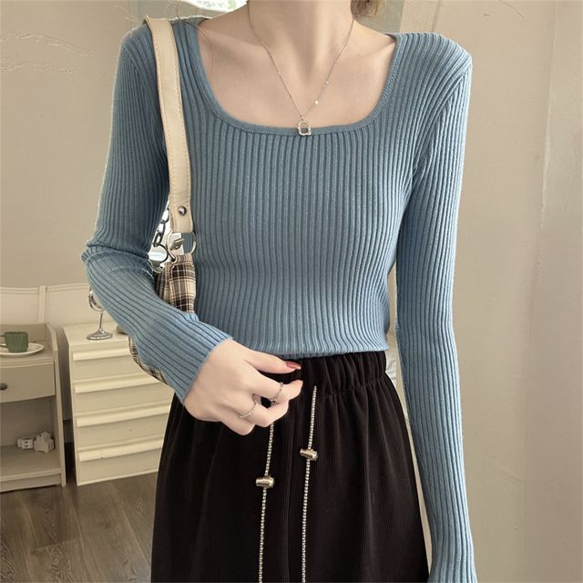 Square Neck Plain Knit Top SpreePicky