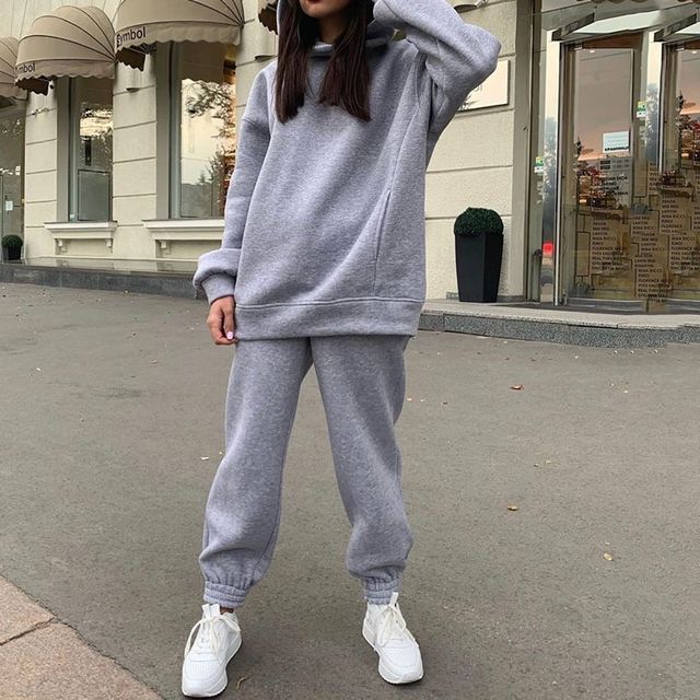 Set: Long Sleeve Plain Loose-Fit Hoodie + Straight-Leg Sweatpants SpreePicky