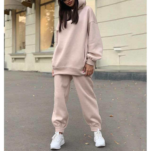 Set: Long Sleeve Plain Loose-Fit Hoodie + Straight-Leg Sweatpants SpreePicky