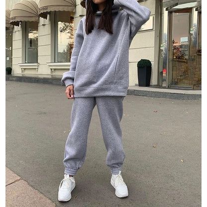 Set: Long Sleeve Plain Loose-Fit Hoodie + Straight-Leg Sweatpants SpreePicky