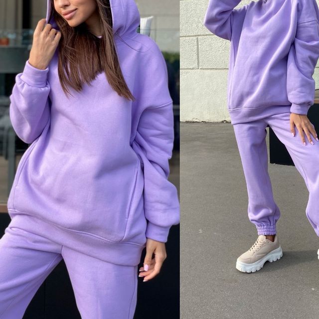 Set: Long Sleeve Plain Loose-Fit Hoodie + Straight-Leg Sweatpants SpreePicky