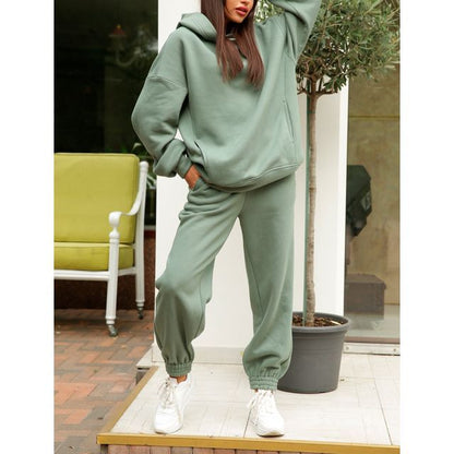 Set: Long Sleeve Plain Loose-Fit Hoodie + Straight-Leg Sweatpants SpreePicky