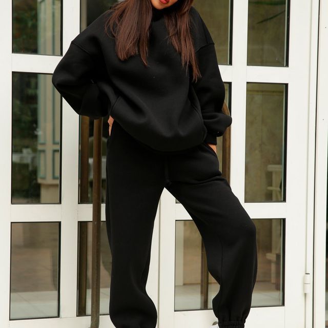 Set: Long Sleeve Plain Loose-Fit Hoodie + Straight-Leg Sweatpants SpreePicky