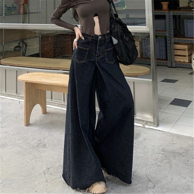 High Waist Washed Fray Hem Maxi Denim Skirt SpreePicky