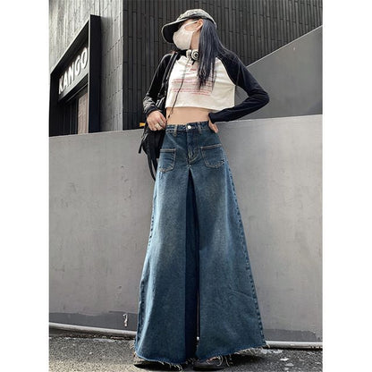 High Waist Washed Fray Hem Maxi Denim Skirt SpreePicky