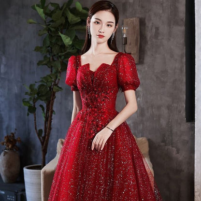 Short-Sleeve Notched Sequined A-Line Evening Gown Egirldoll