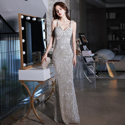 Sleeveless V-Neck Sequined Mermaid Evening Gown SpreePicky