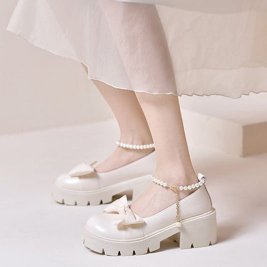 Platform Bow Faux Pearl Ankle Strap Pumps mySite