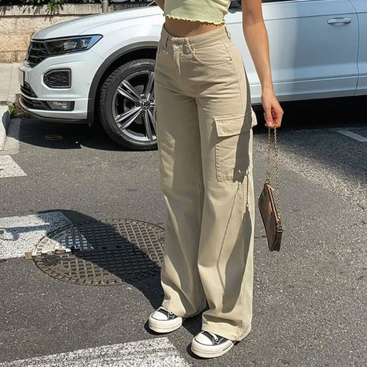 High Waist Pocket Straight-Fit Wide-Leg Cargo Pants SpreePicky