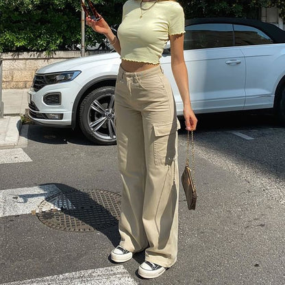 High Waist Pocket Straight-Fit Wide-Leg Cargo Pants SpreePicky