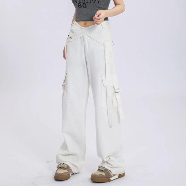 V Waistline Straight-Fit Wide-Leg Cargo Pants SpreePicky