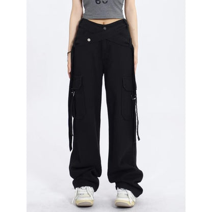 V Waistline Straight-Fit Wide-Leg Cargo Pants SpreePicky