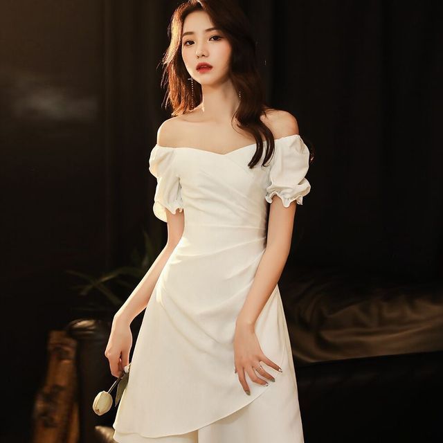 Short-Sleeve Asymmetric Ruched Plain Dress SpreePicky