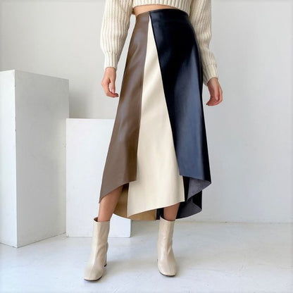 High Waist Color Block Faux Leather Midi A-Line Skirt mySite