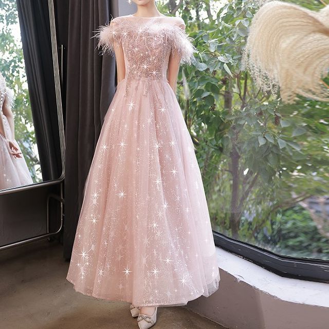 Short-Sleeve Crew Neck Fluffy Trim Sequined Panel Sheer Overlay A-Line Evening Dress (Various Designs) FashionChic