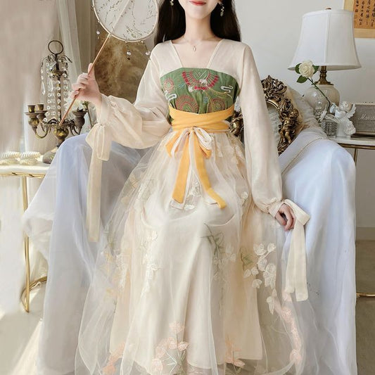 Long-Sleeve V-Neck Tie-Waist Floral Embroidery Sheer Maxi A-Line Dress mySite