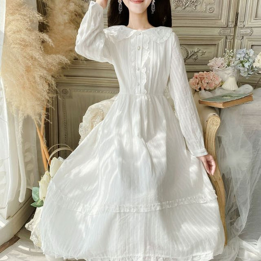 Long-Sleeve Doll Collar Plain Frill Trim Faux Pearl Half-Button Midi A-Line Dress mySite