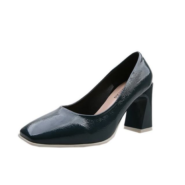 Square-Toe Chunky Heel Patent Pumps SpreePicky