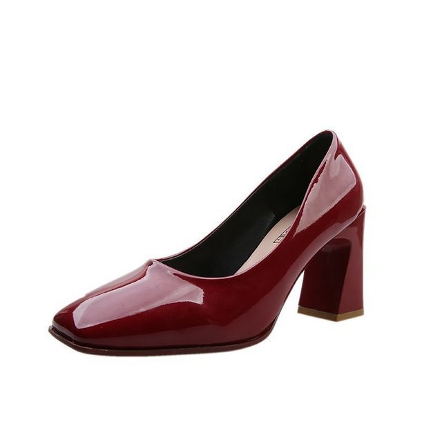 Square-Toe Chunky Heel Patent Pumps SpreePicky