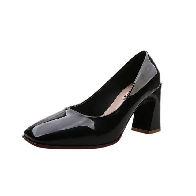 Square-Toe Chunky Heel Patent Pumps SpreePicky