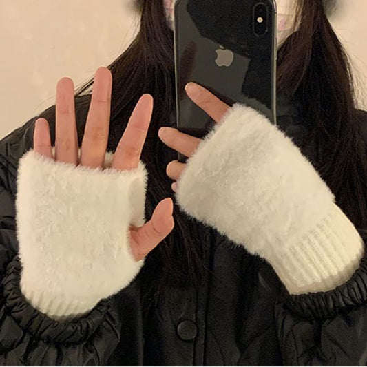 Fluffy Panel Knit Fingerless Gloves SpreePicky