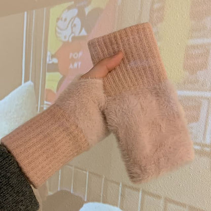 Fluffy Panel Knit Fingerless Gloves SpreePicky