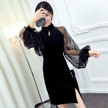 Long-Sleeve Plain Cut Out Qipao Dress SpreePicky