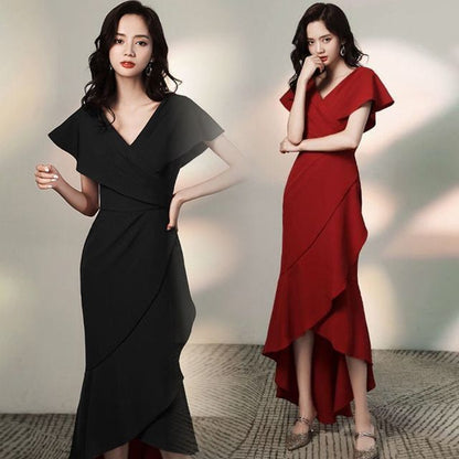 Short-Sleeve V-Neck Plain Asymmetric Dress SpreePicky