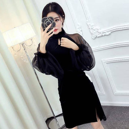 Long-Sleeve Plain Cut Out Qipao Dress SpreePicky