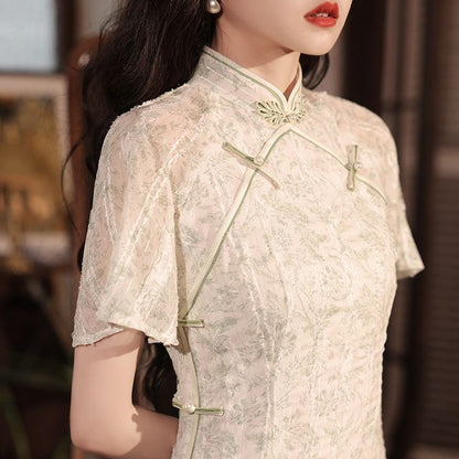 Short-Sleeve Flower Embroidered Qipao SpreePicky