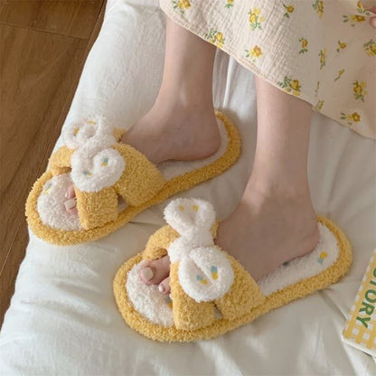 Pineapple Embroidered Fluffy Bow Slippers SpreePicky