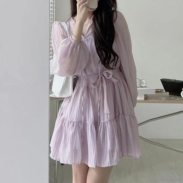 Long-Sleeve Tie-Neck Sashed Plain Mini A-Line Dress SpreePicky