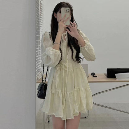 Long-Sleeve Tie-Neck Sashed Plain Mini A-Line Dress SpreePicky