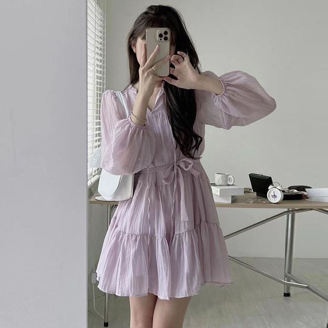 Long-Sleeve Tie-Neck Sashed Plain Mini A-Line Dress SpreePicky