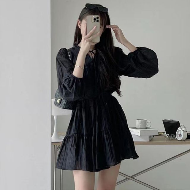 Long-Sleeve Tie-Neck Sashed Plain Mini A-Line Dress SpreePicky