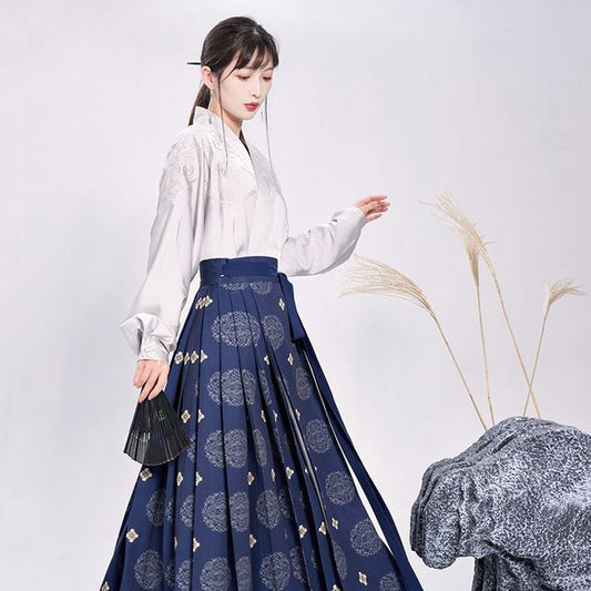 Embroidered Blouse / High Rise Print Pleated Maxi A-Line Wrap Skirt / Set SpreePicky